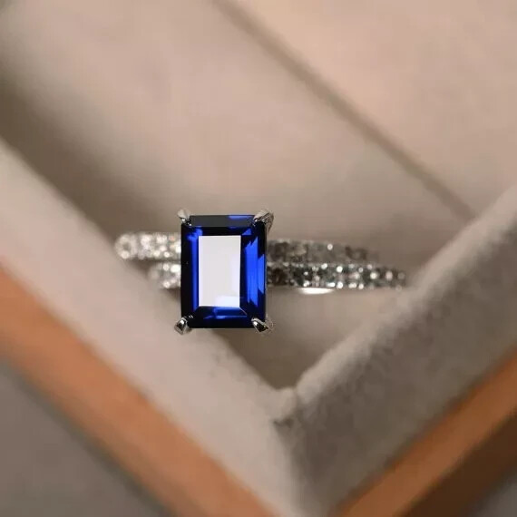 2.70 Ct Emerald Cut Natural Sapphire Diamond Wedding Ring 14K White Gold Solid