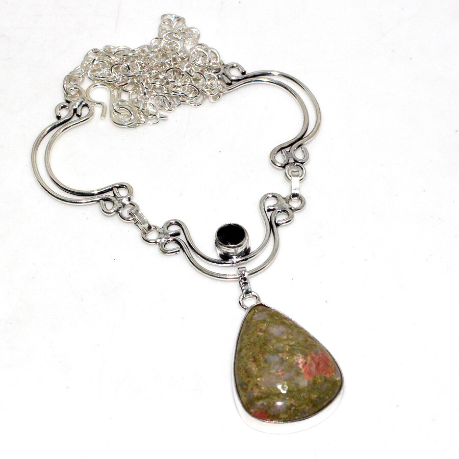 925 Silver Plated Unakite Black Onyx Jewellery Necklace Handmade Size 20