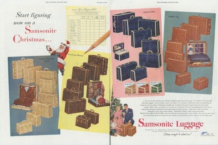 1950 Samsonite Luggage Santa Shopping List Christmas Tree Vintage Print Ad SP7