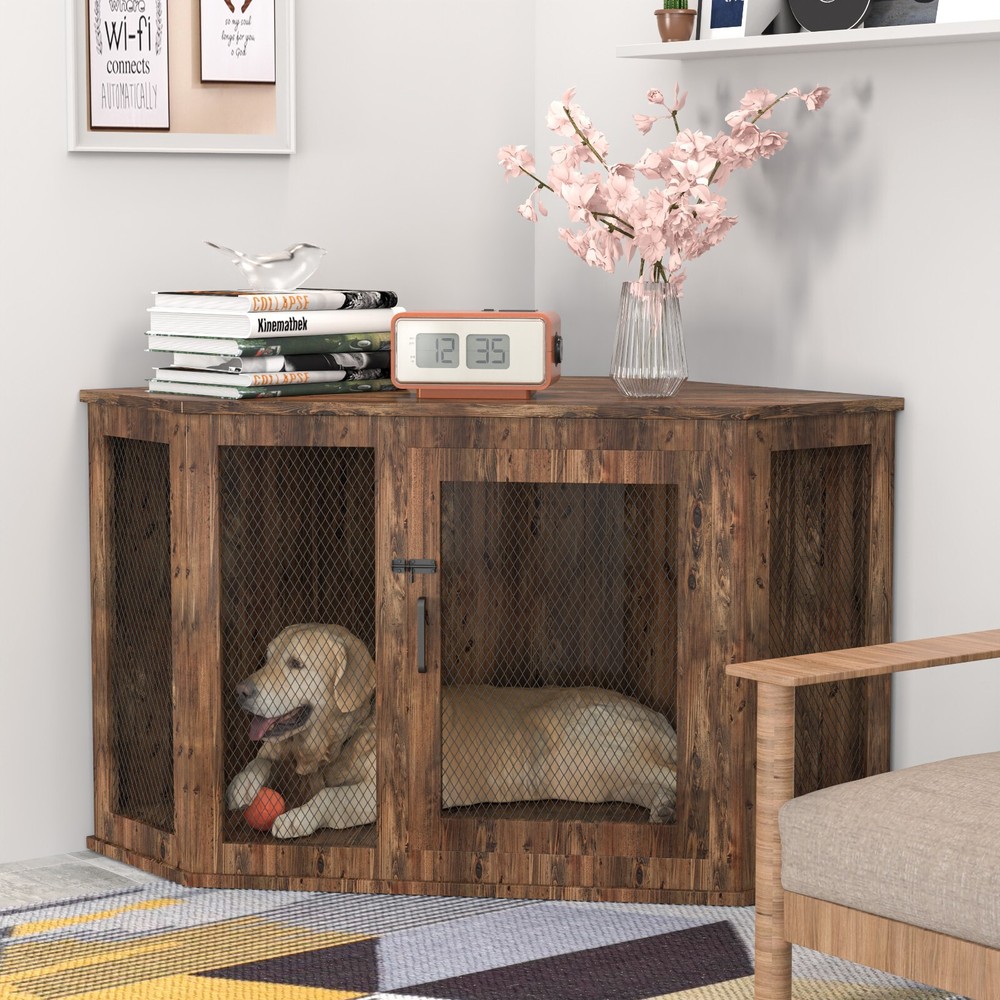 52-Inch Wooden Corner Dog Crate Kennel with TV Stand Pet Furniture  