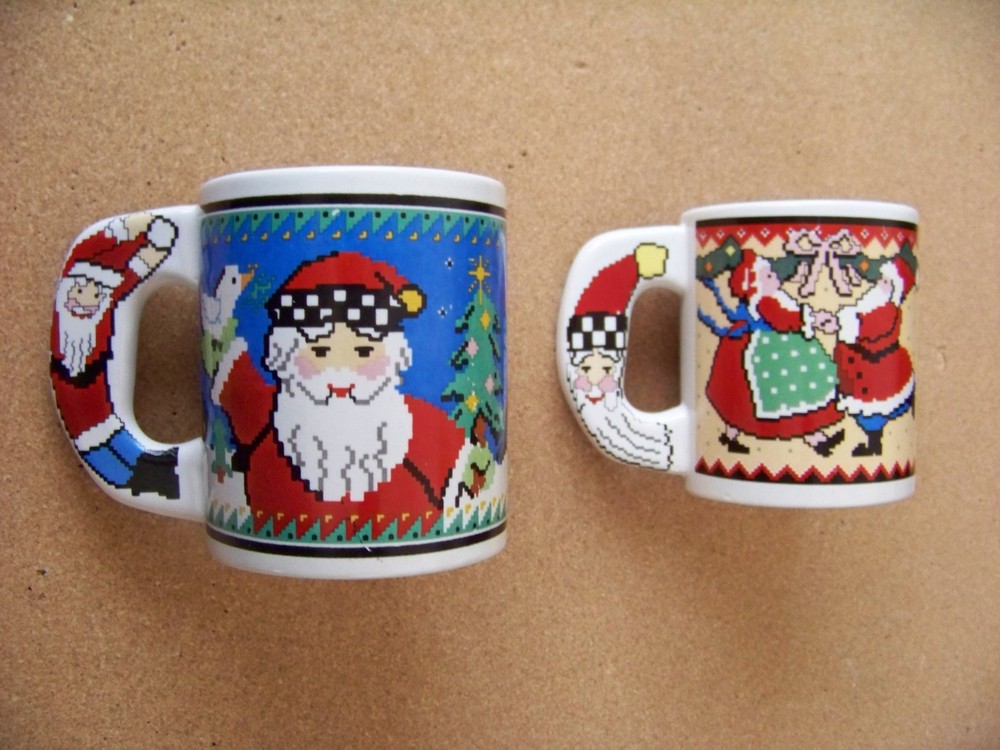TWO Santa Claus mugs cross-stitch type design ceramic coffee cups Christmas mug