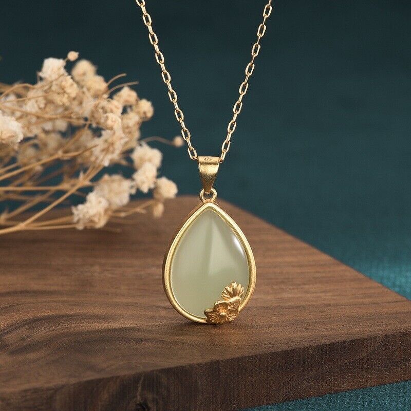 Natural Jade Lotus Pendant Necklace Amulet Real Jewelry Luxury 18K Gold Plated