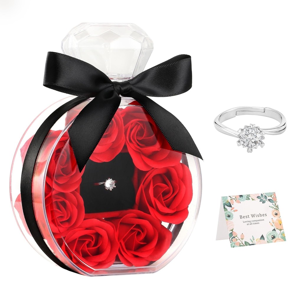 Rose Ring Box Birthstone Jewelry Artificial Preserved 7 Roses Flower Gift for...