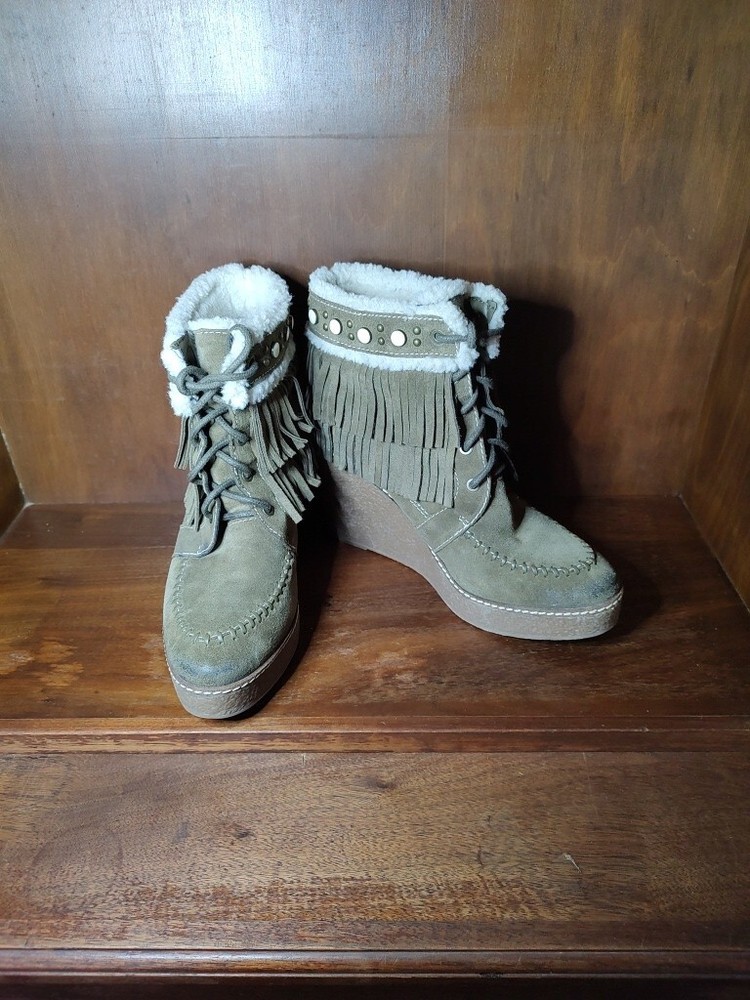 Sam Edelman Kemper Shearling Lined Fringe Wedge Boots Brownish Green Womens 8.5