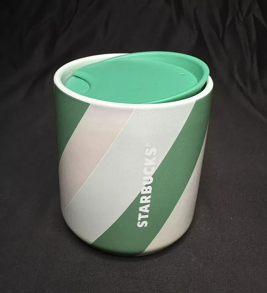 Starbucks 2022 Green Mint Stripes Opalescent Ceramic Travel Mug 8oz with Lid