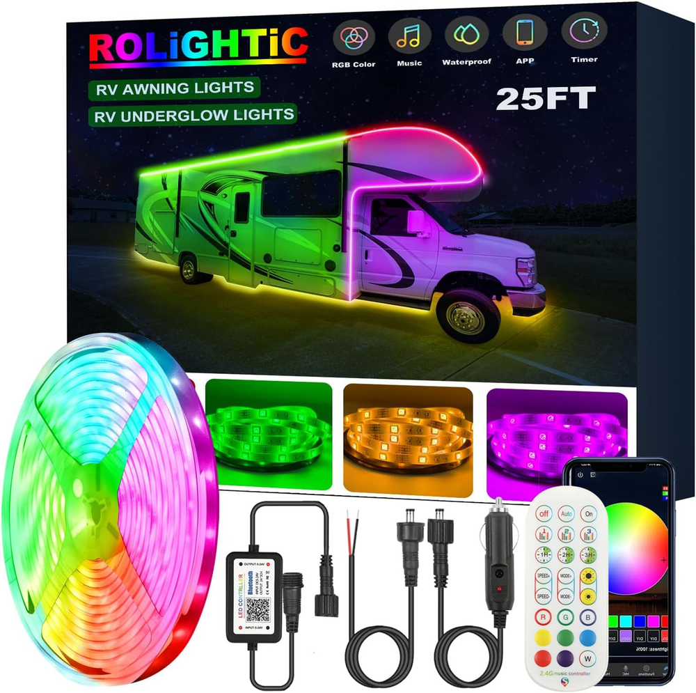 Upgraded 25FT RV Underglow Lights, RGB Bluetooth Music Sync, App & Remote Contro