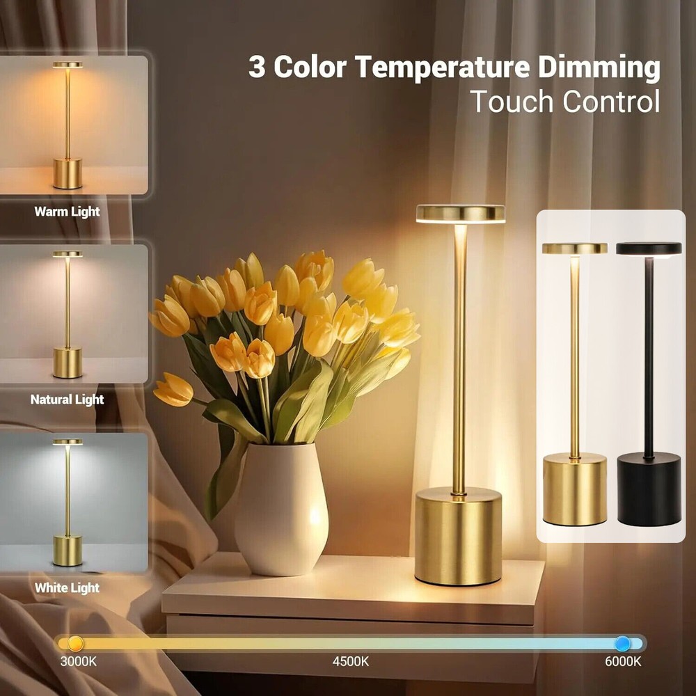Cordless Metal Table Desk Lamp Touch Control Dimmable Night Light Rechargeable