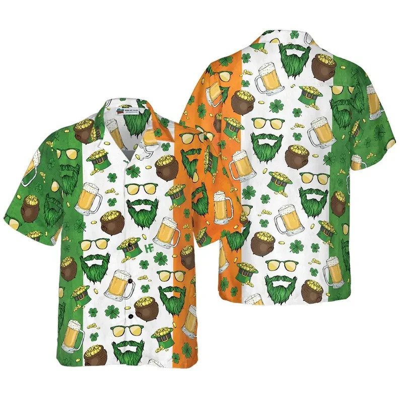 St Patrick Day Irish Hawaiian Shirt Shamrock Clover Green Men's Gift