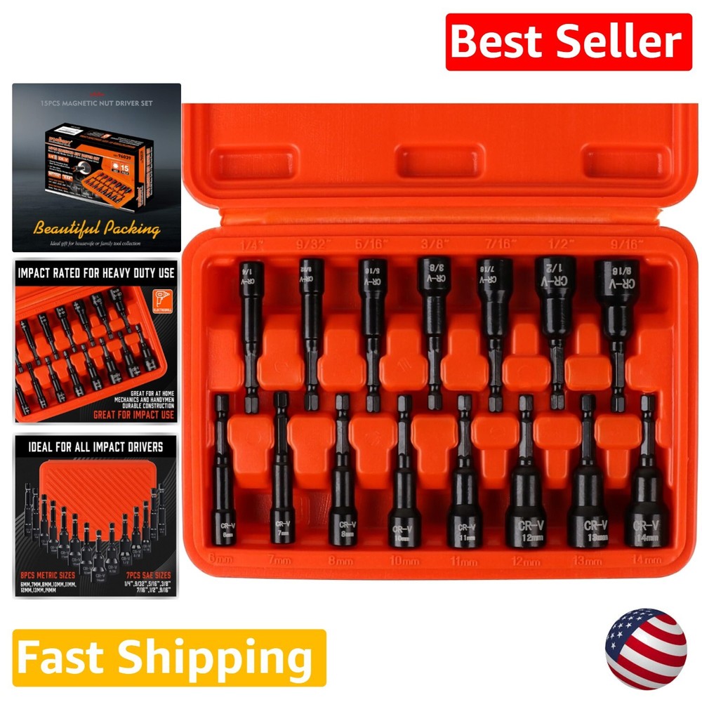 Impact Nut Driver Set - 15-Piece - Chrome Vanadium Steel - 1/4