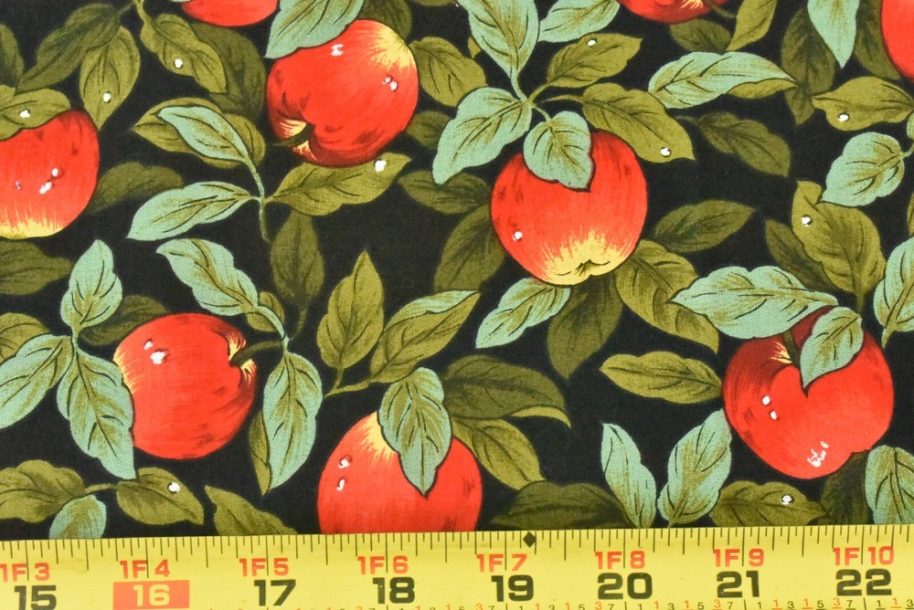 By 1/2 Yd, Vintage, Red Apples & Olive Leaves on Black Quilt Cotton, P9068