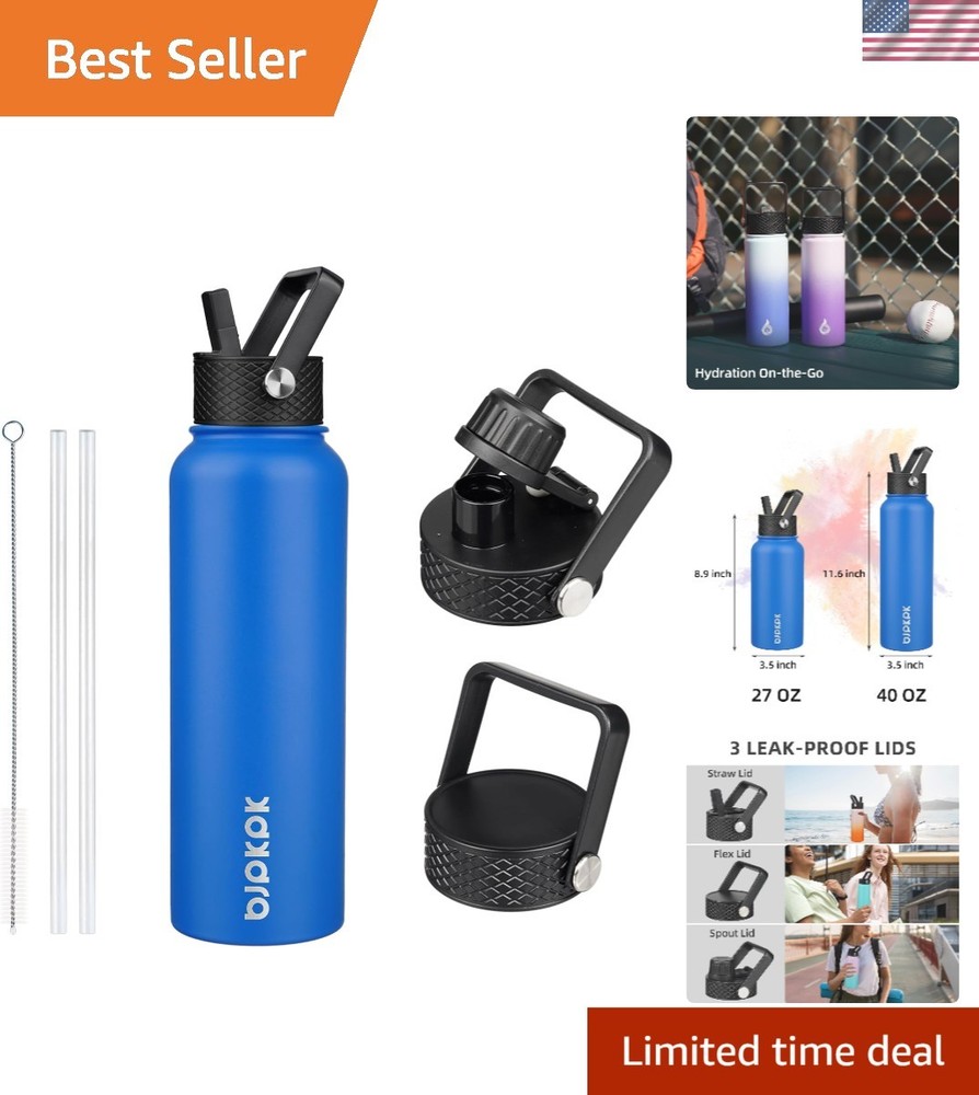 40oz Insulated Water Bottle with 3 Lids - Stylish Sapphire Stainless Steel