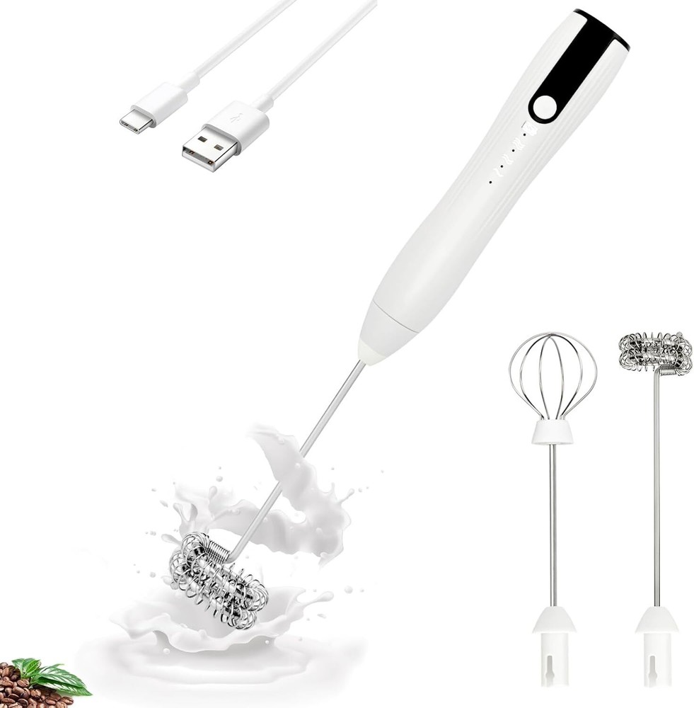 Double Whisk Milk Frother Handheld USB-C Rechargeable J-16White, White