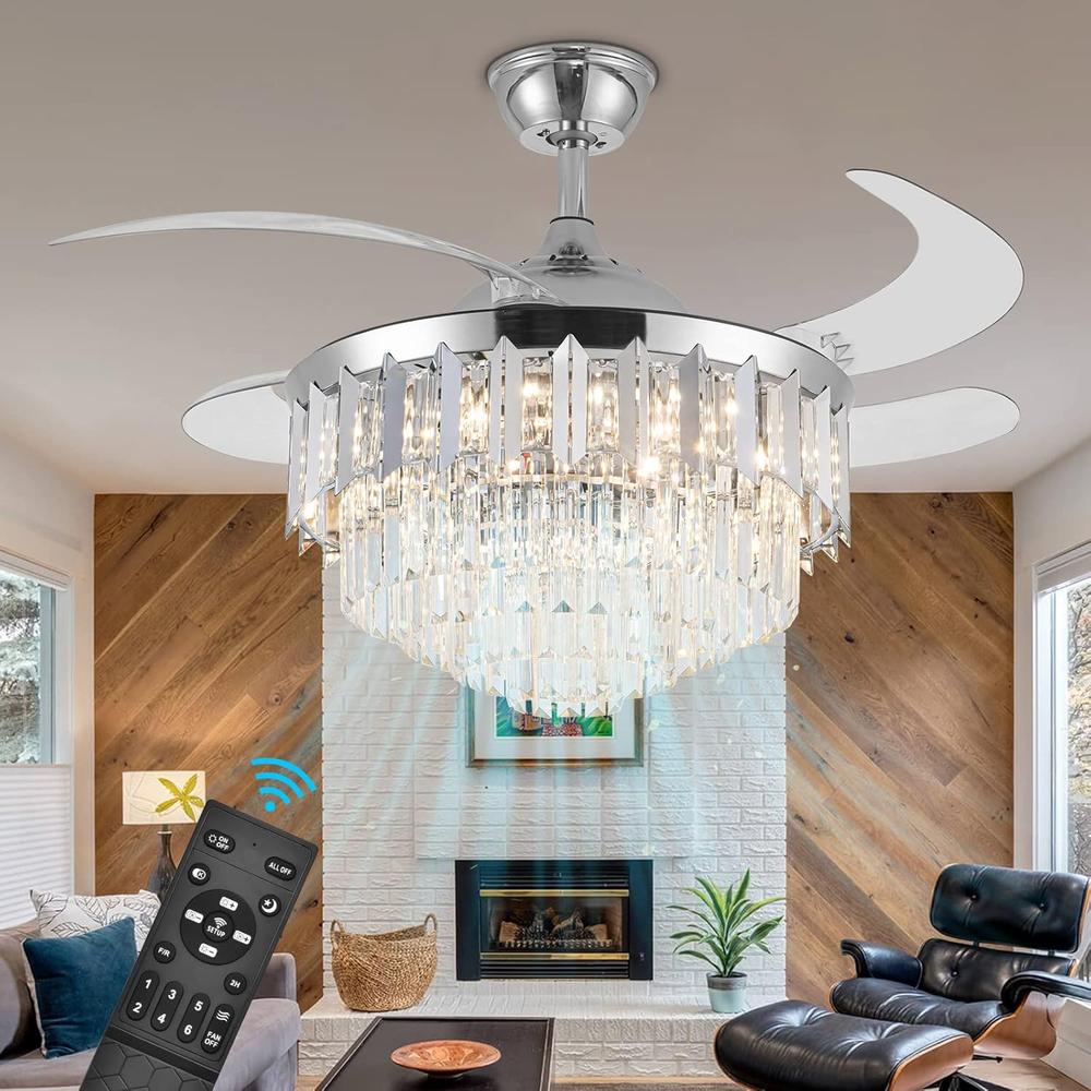 42 Inch Modern Crystal Ceiling Fan with LED Lights and Remote Control