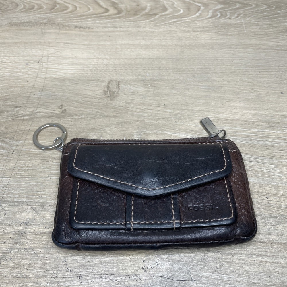 Genuine Fossil Brown Leather Card Holder Wallet with Keychain  
