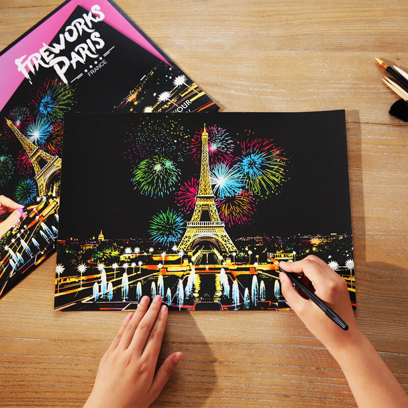 40.5*28.5cm Magic Scratch Art Crafts World Landscape Scraping Paintings Paper Ad