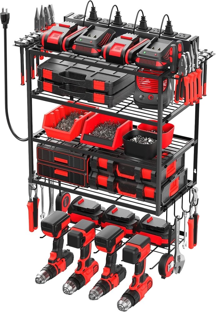 JUNNUJ Tool Organizer with Charging Station, 5 Layers Wall Mount Garage Tools St