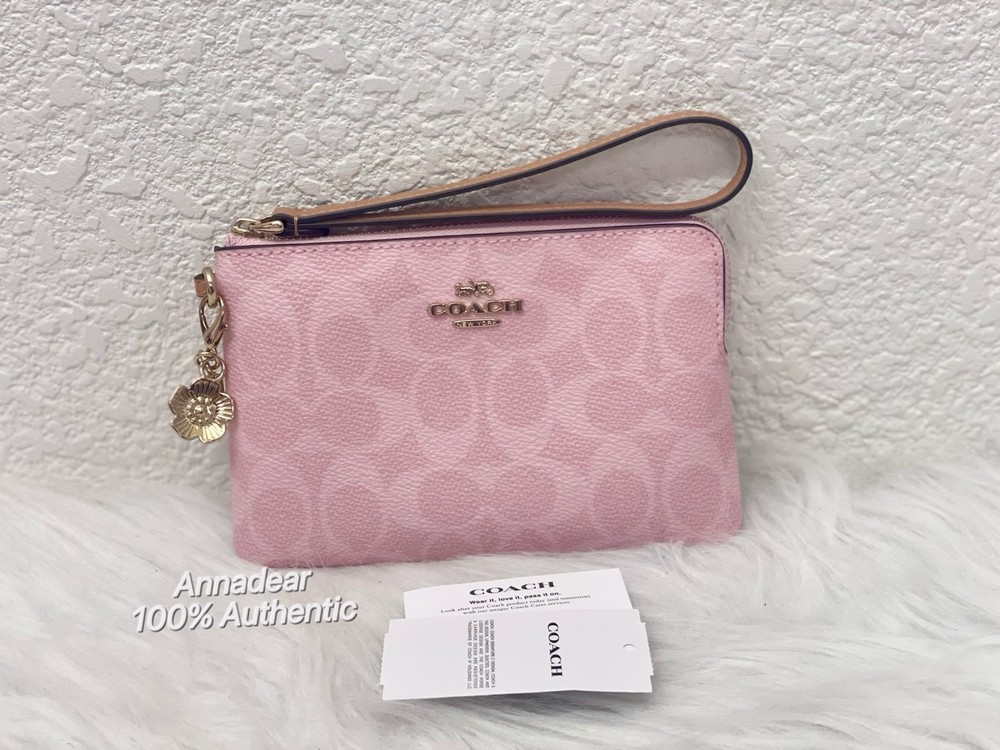 NWT Coach CEF72 Corner Zip Wristlet Signature Canvas with Charm Gold Powder Pink