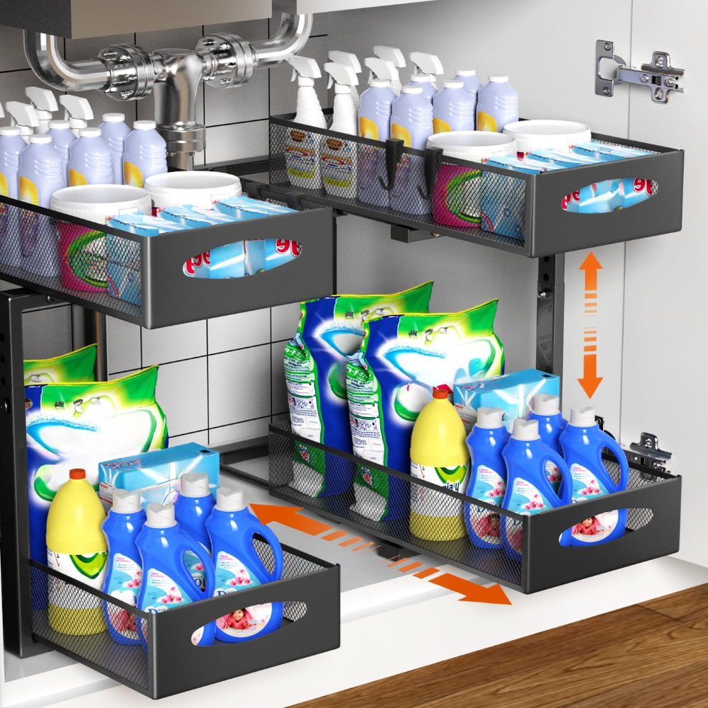 2 Pack Under Sink Organizer Adjustable 2 Tier Slide Out Cabinet Storage