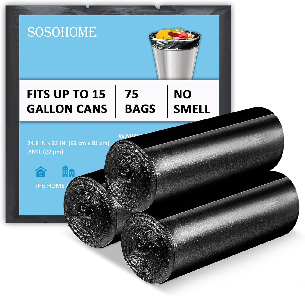 15 Gallon Black Trash Bags, 22 Micron Thick Tall Garbage Bags for Office Kitchen