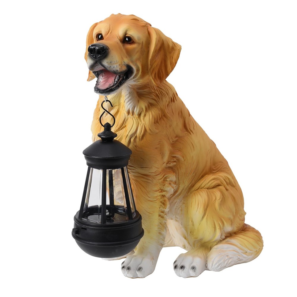 Solar Dog Statue Garden Decor with LED Lantern for Outdoor Spaces