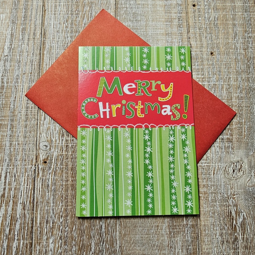 Festive Green Striped Christmas Card with Glitter Snowflakes and Tree Design