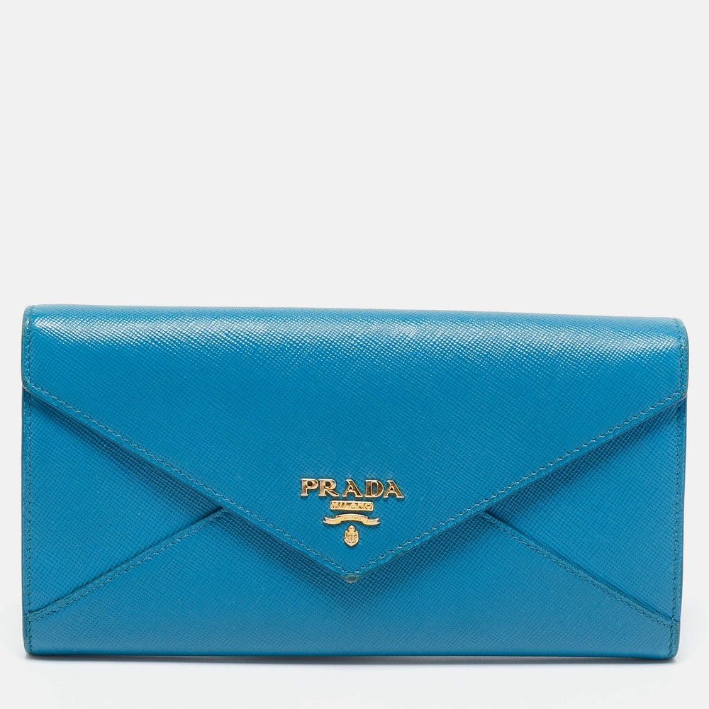 Prada Blue Saffiano Leather Continental Wallet with Metal Letter Logo
