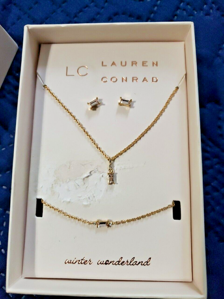 Lauren Conrad Necklace Bracelet Earrings Gold & Rhinestone  Winter Wonderland LC