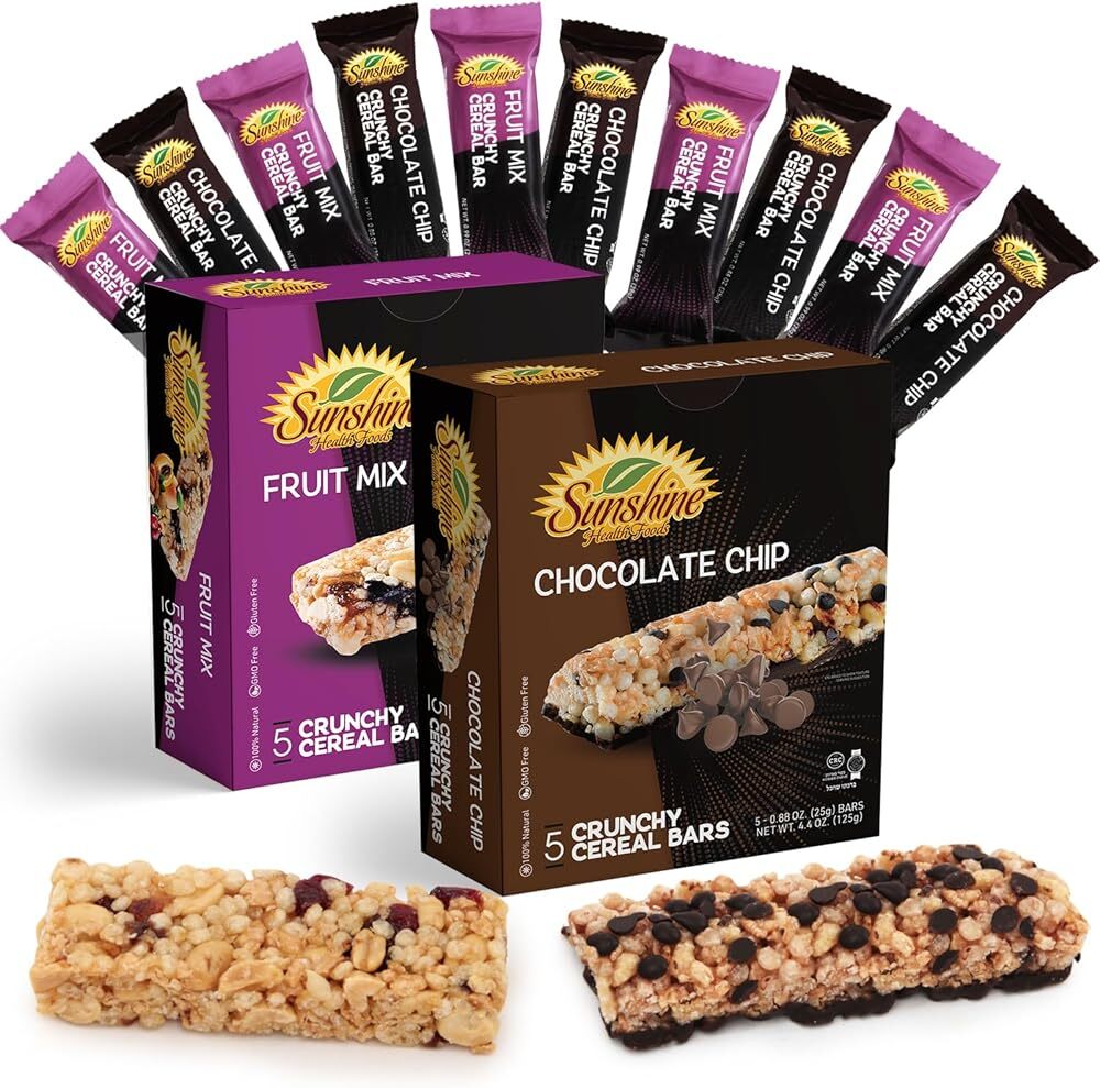 Crunchy Cereal Bars, 5 Chocolate Chip and 5 Fruit mix Cereal Snack Packs, Ide...