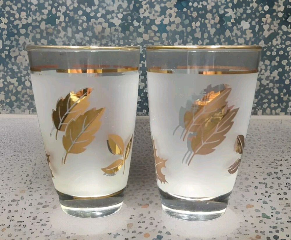 Vintage MCM Libbey 8 oz Gold Leaf Frosted Tumblers with Curved Sides