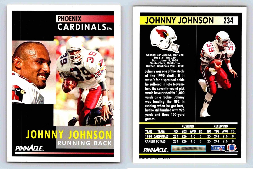 Johnny Johnson Running Back Phoenix Cardinals Pinnacle 1991 Card 234 Sports Memo