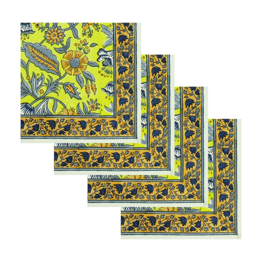 Yellow and gray Indian hand-block printed cotton napkins