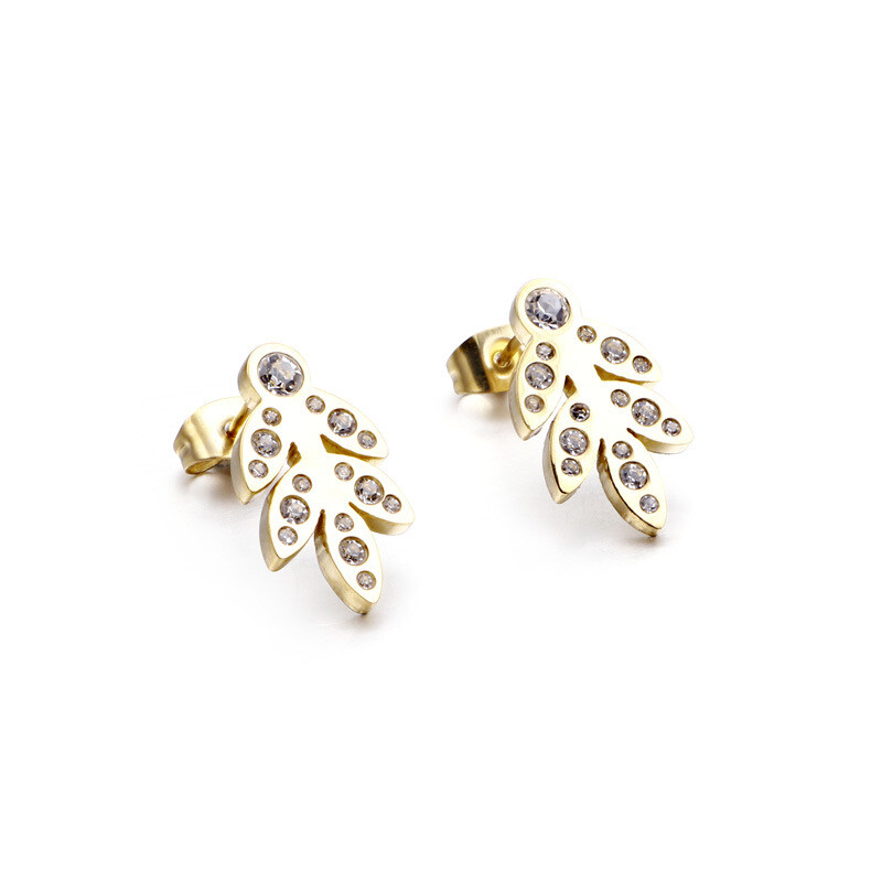 New titanium steel diamond leaf stud earrings fashion trend earrings for ladies