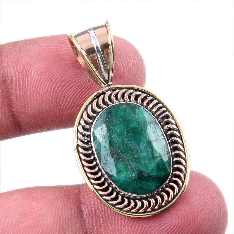 Emerald(Simulated) Handmade 925 Sterling Silver Gift Two Tone Pendant 1.50