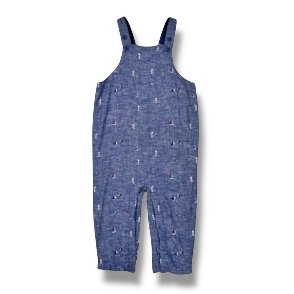 Janie and Jack Baby Overalls Boys 12–18M Blue Chambray Sailboats Linen Nautical