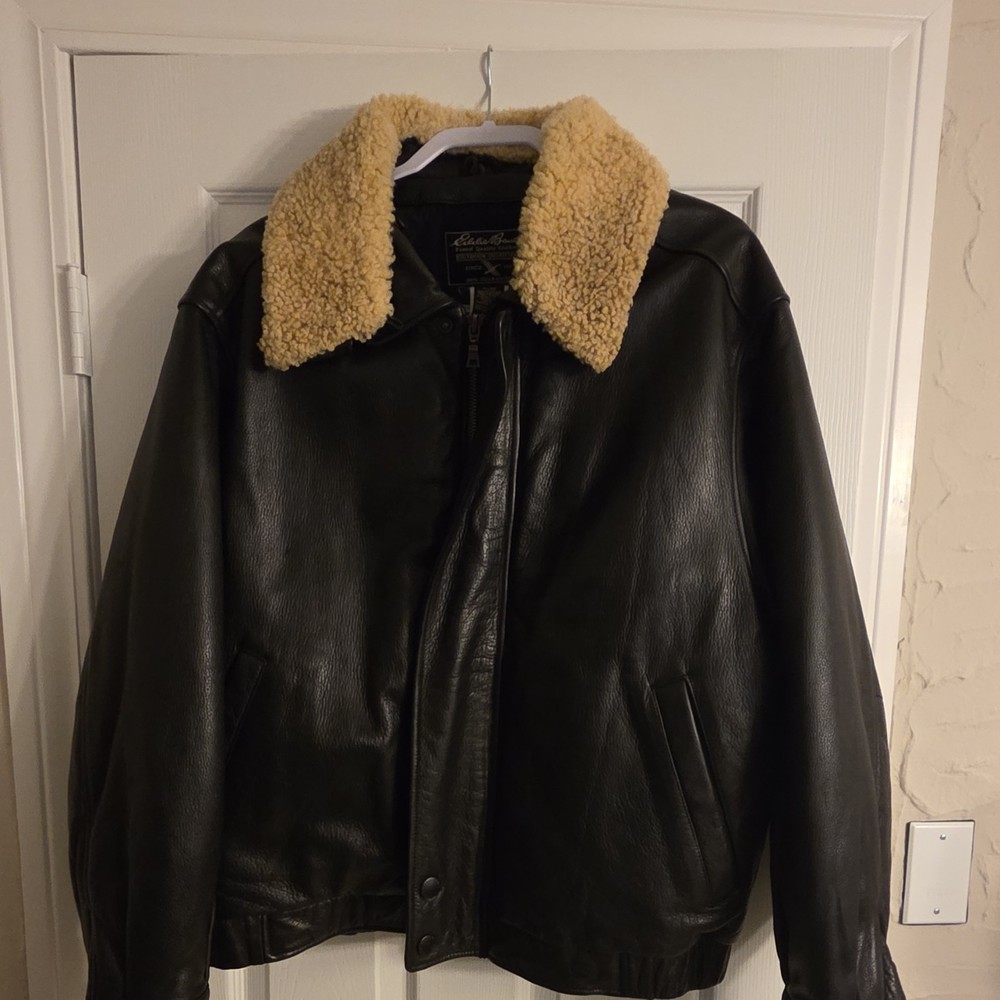 Eddie Bauer Black Zip Button Shearling Collar Men's Bomber Jacket L Casual