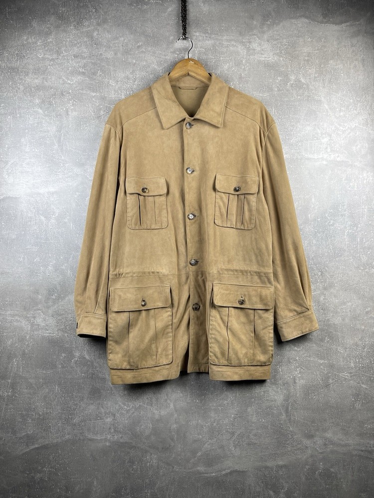 Chaqueta Enrico Mandelli Old Money Gamuza Cuero Botón Arena Talla 52 Hecha en Italia