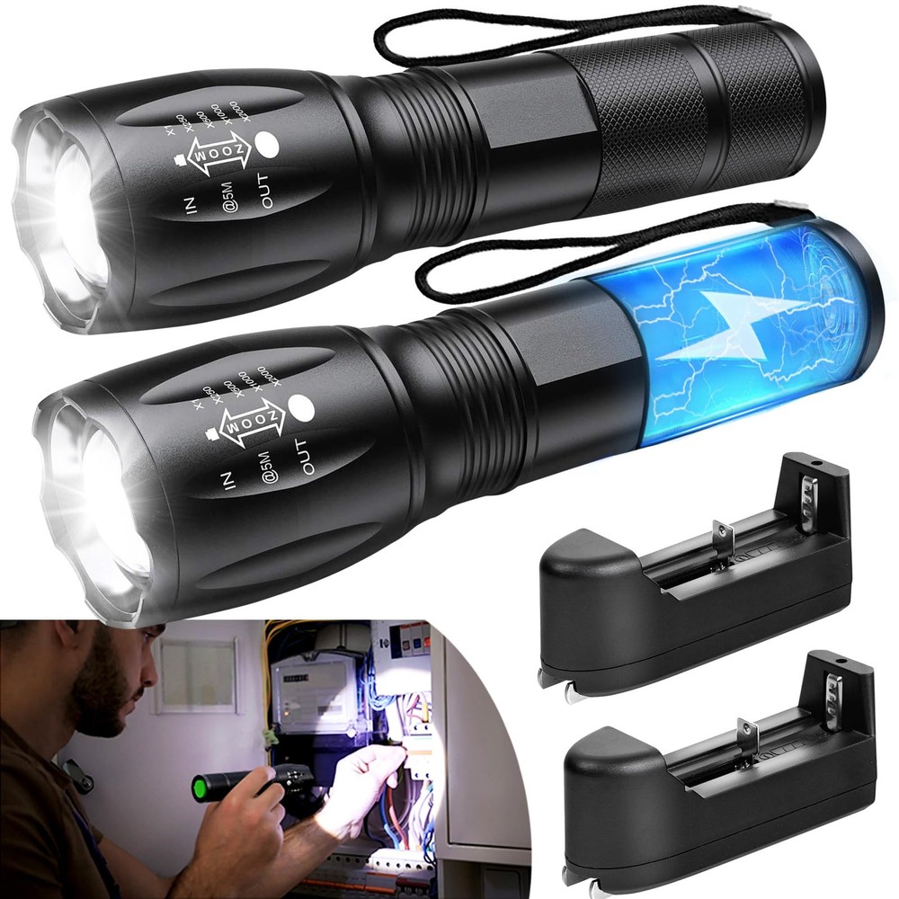 2 Pack LED Tactical Flashlights High Lumens Lights Portable Waterproof Zoomab...