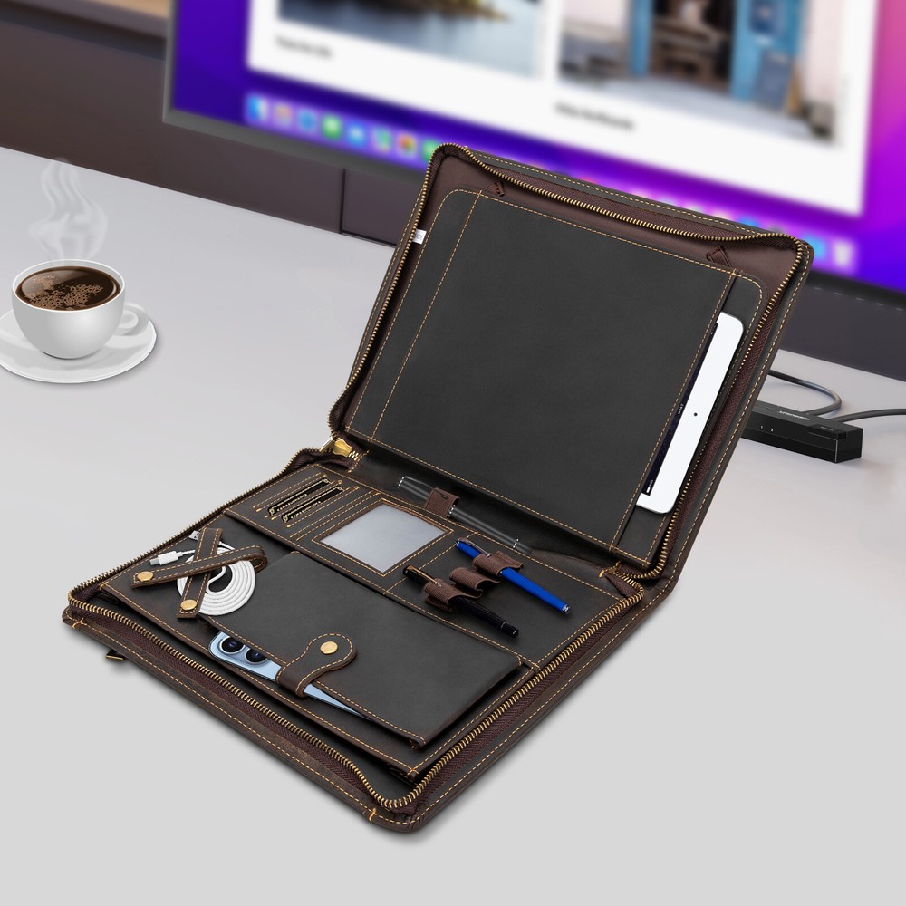 Business Top-layer Leather Portfolio Zippered Notebook Binder Office Organizer