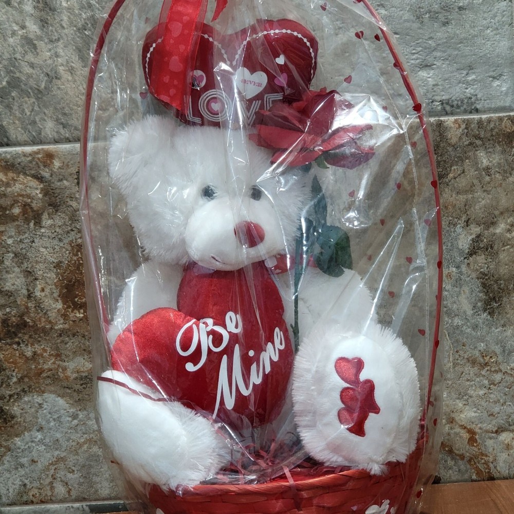 Valentines Day Gift Be Mine Bear Plush Love Heart in Gift Basket Stuffed Animal-image