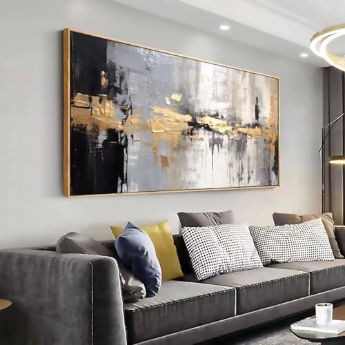 Abstract Wall Art Black and White Modern Artwork Yellow Line 20x40inch Golden