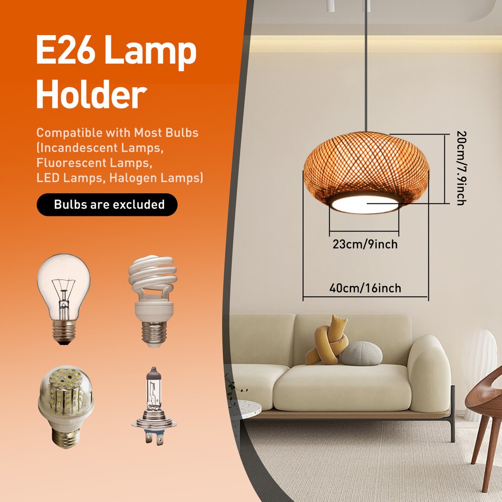 Round Vintage Hanging Ceiling Lamp Bamboo Wicker Rattan Pendant Light Fixture US