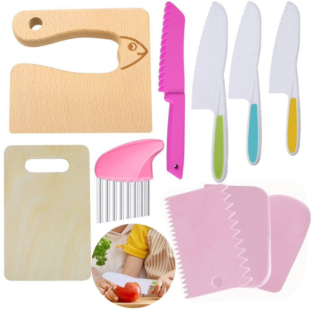 10 Pieces Wooden Kitchen Knife Set, Include Wood Knife Plastic Potato Slicers...