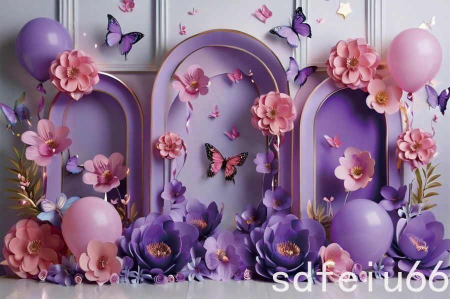 Purple Butterfly Baby Shower Wedding Birthday Backdrop Photo Background Banner