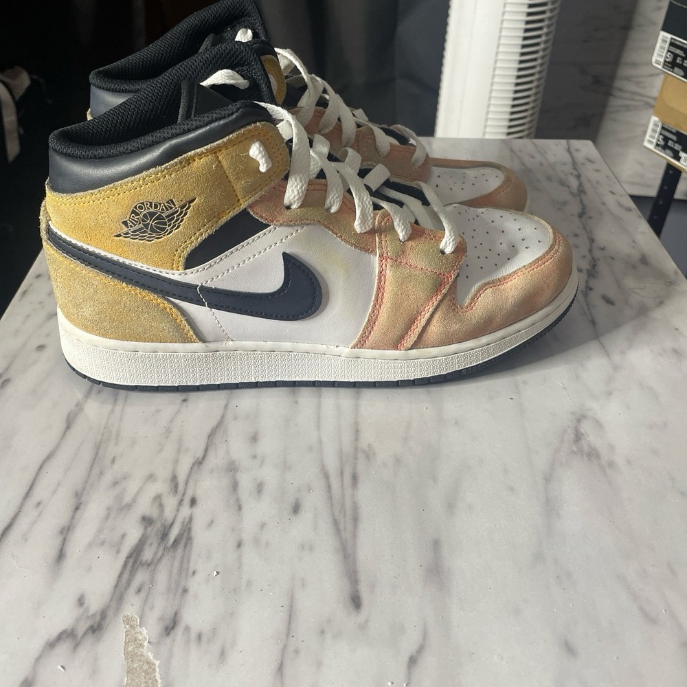 Jordan Air Jordan 1 Mid White Black Yellow Orange Suede Leather Mid Top Sneaker