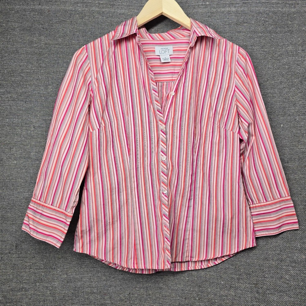 Ann Taylor Loft Womens Small Pink Orange Striped 100% Cotton Button Down Shirt