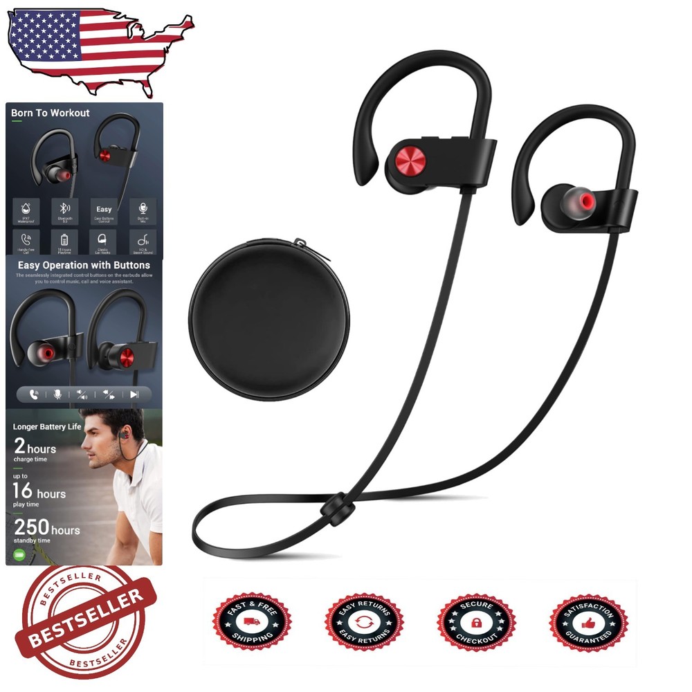 Bluetooth 5.3 Wireless Sports Earbuds with 16H Battery IPX7 Waterproof & Noise Cancelling Mic