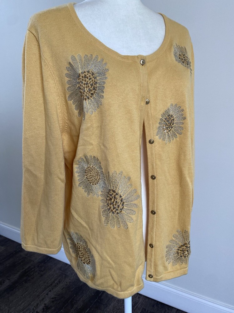 J Jill Embroidered 3/4 Sleeve Button Front Knit Cardigan Sweater for Women Size L