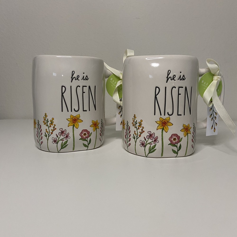 2-Pack Rae Dunn Mugs Easter 'HE IS RISEN' Floral Mug - NWT and NEW Release
