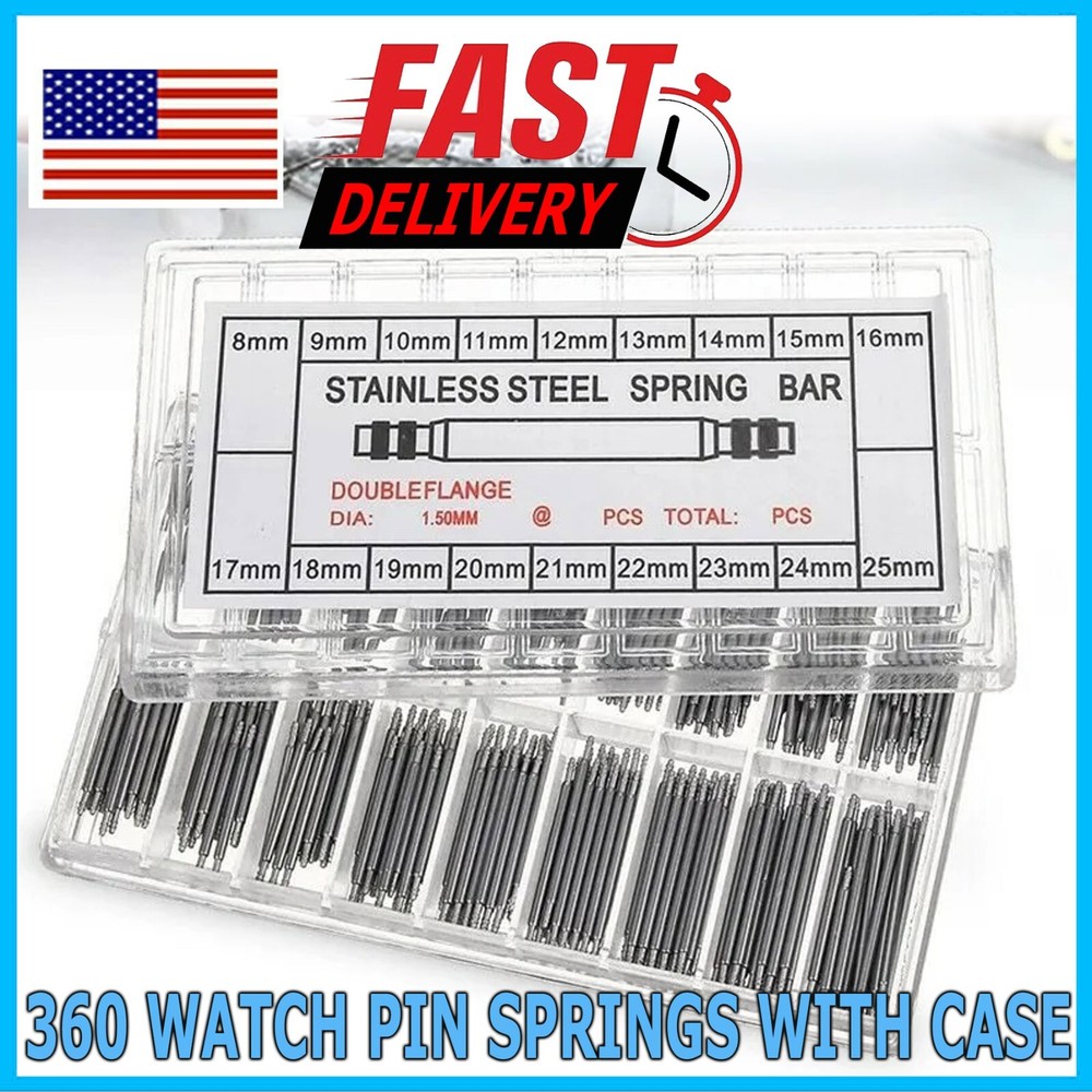 360pcs Watch PINS SPRING BARS Band Strap Link 8-25mm Repair Kit Stainless Steel