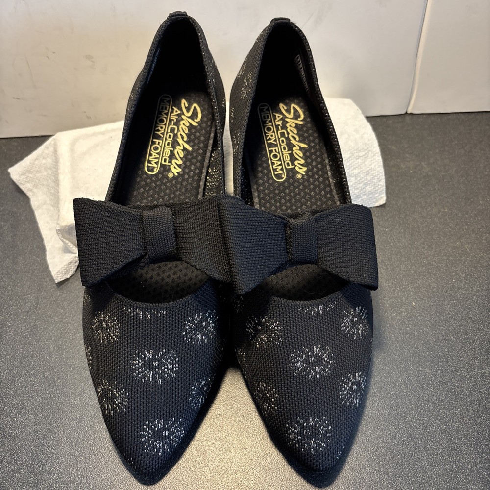 Skechers Cleo Point-Feel Good Stretch Fit Knit Sparkle Flats Black Womens 8